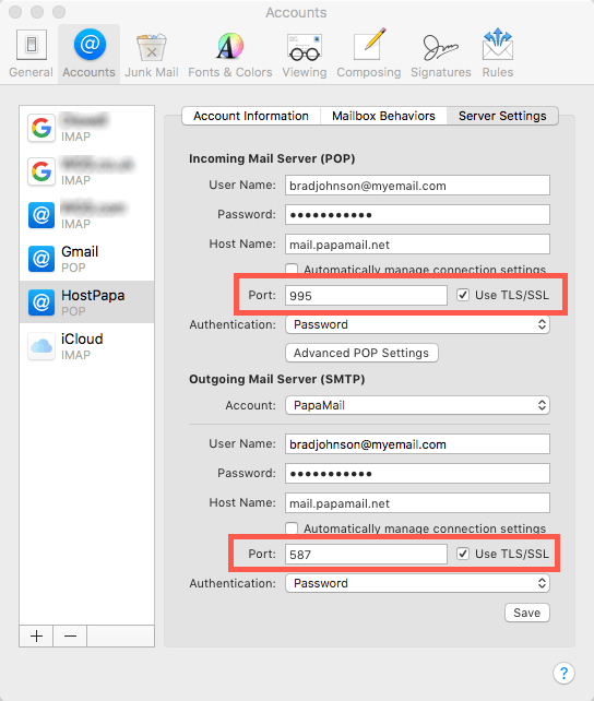 what are the port setings for gmail on mac mail